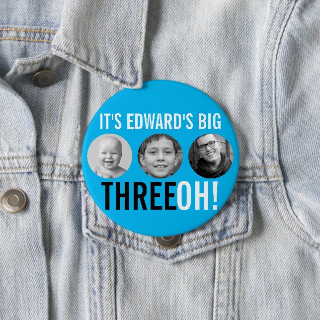 Himmelblau schwarz 30. Drei OH! drei Foto Geburtst Button (Beispiel)