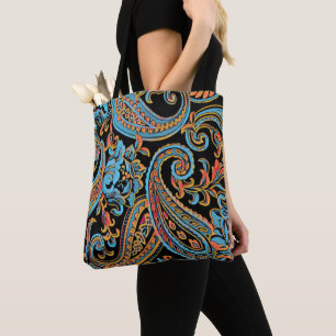 Himmelblau und Herbstorange Vintage Paisley-Tasche