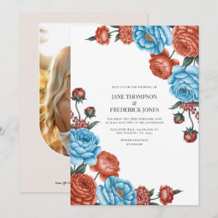 Himmelblau und Terrakotta Aquarell Blumen Hochzeit Einladung