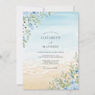 Himmelblaue Blumenstrandhochzeit Einladung