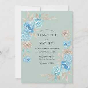 Himmelblaue Blumige Wasserfarben-Hochzeit Einladung