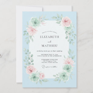 Himmelblaue Florale Pinselstrich-Hochzeit Einladung