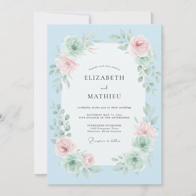 Himmelblaue Florale Pinselstrich-Hochzeit Einladung (Vorderseite)