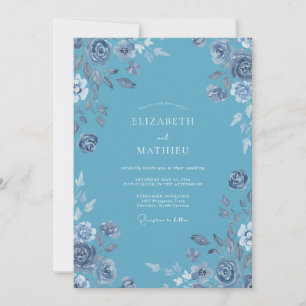 Himmelblaue Florale Wasserfarben-Hochzeit Einladung