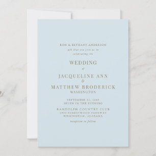 Himmelblaue Hochzeitseinladung mit goldenem Text Einladung