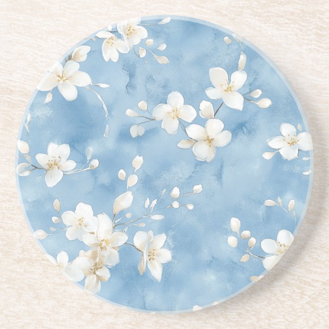Himmelblaue hübsche weiße Blumen Getränkeuntersetzer (Vorne)