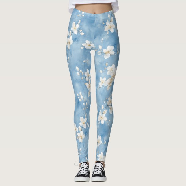 Himmelblaue hübsche weiße Blumen Leggings (Vorderseite)