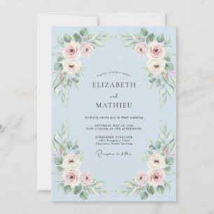 Himmelblaue romantische Blumenhochzeit Einladung