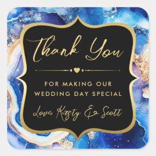 Himmelblauer Achat mit Gold & Blau Hochzeit Quadratischer Aufkleber