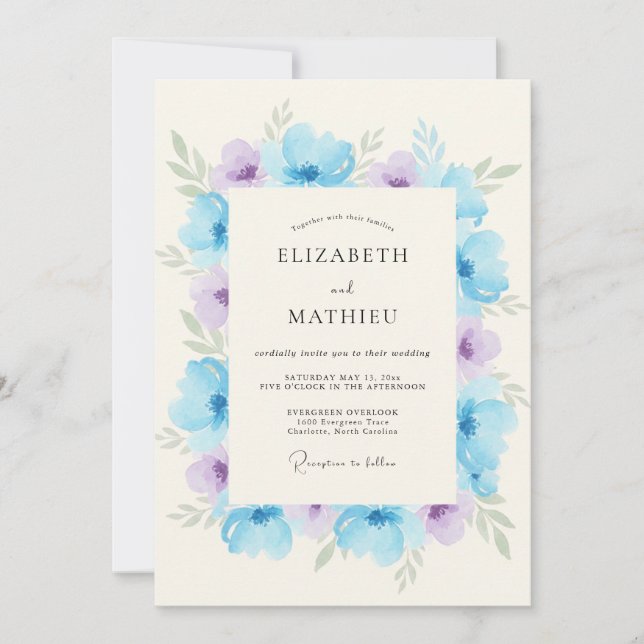Himmelblauer Blumenbogen Romantische Hochzeit Einladung (Vorderseite)