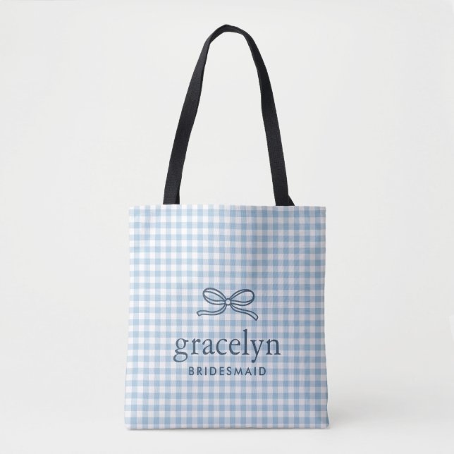 Himmelblauer Gingham-Schleifen-Monogramm (Vorderseite)