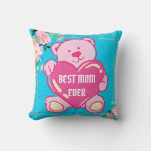 Himmelblauer Rosa Teddybär Herz Blumen Design Kissen