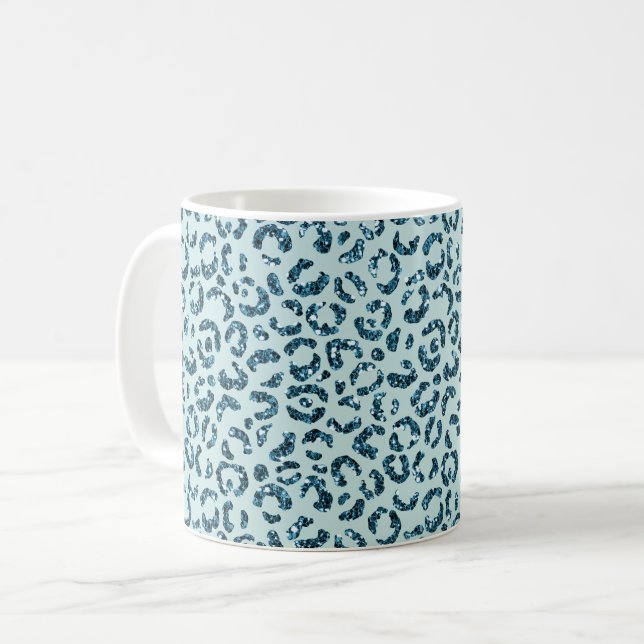 Himmelblauer Türkis Leopardendruck Glitter Kaffeetasse (Vorderseite Links)