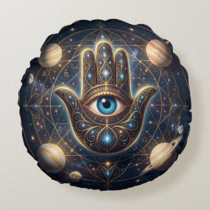 Himmelgold & Marineblau Hamsa mit Böser-Augen-Amul Rundes Kissen