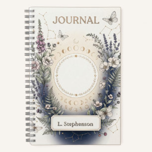 Himmels-Botanik-Journalcover mit Mondphasen Notizbuch