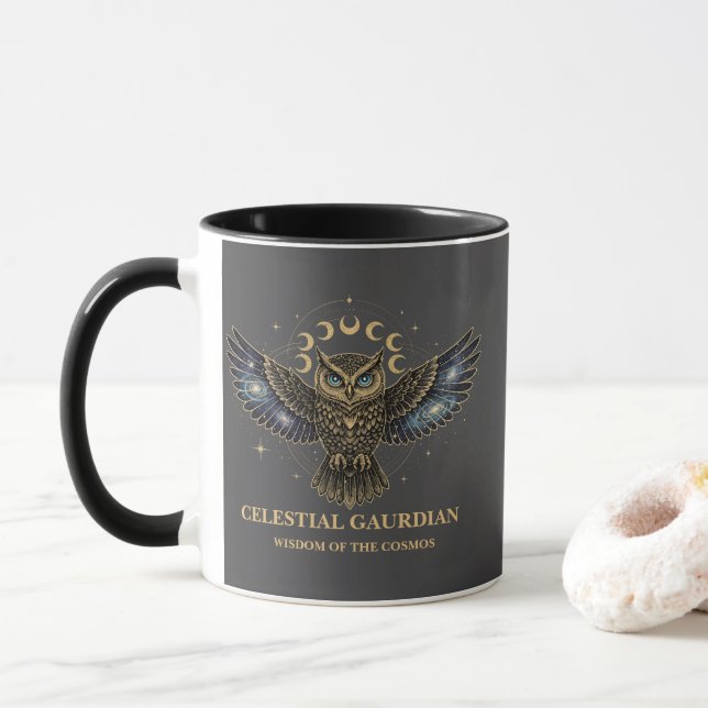 Himmels-Eule Kosmischer Wächter Tasse (Mit Donut)