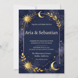 Himmels-Sonne-Mond-Sterne-Navy-Goldene-Hochzeits-E Einladung