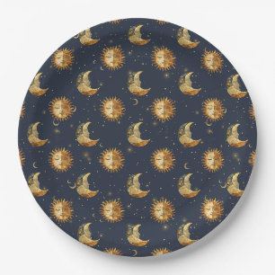 Himmels-Sonne- und Mond-Gold-Sternennacht-Muster Pappteller
