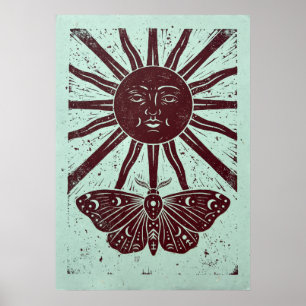 Himmels-Sonne und Mond-Motte Linolschnitt-Kunst Poster