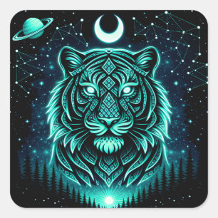 Himmels-Tiger – Kosmischer Wildlife Galaxy-Schlagm Quadratischer Aufkleber
