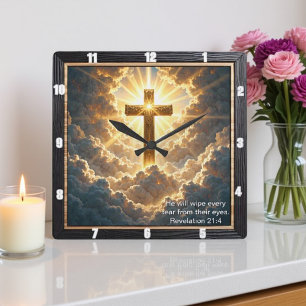 Himmels-Tor Goldenes Kreuz Wolken Offenbarung 21:4 Quadratische Wanduhr