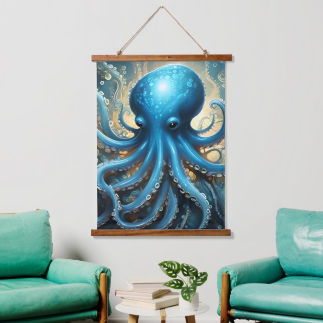 Himmels Wellen: Die Blaue Oktopus-Fraktalkunst Wandteppich Mit Holzrahmen (Wohnzimmer)