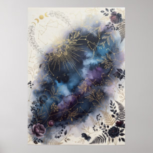 Himmels-Zodiak-Motte Dunkles Florales Poster