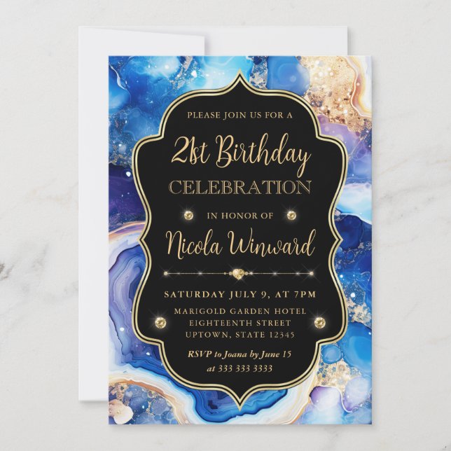 Himmelsachat | Blau Lila Marmor Geburtstag Einladung (Vorderseite)