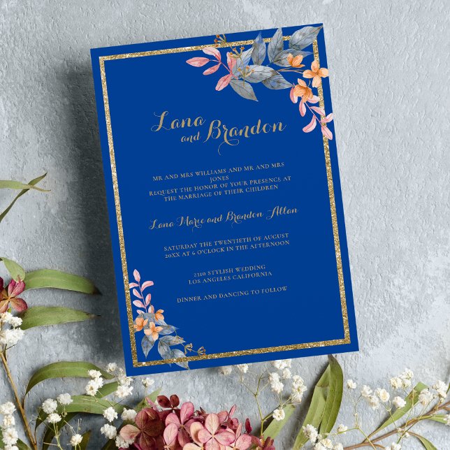 Himmelsblau-Glitzer Rosa-Orangenblütenhochzeit Einladung (Sky blue gold glitter pink orange floral Wedding Invitation)