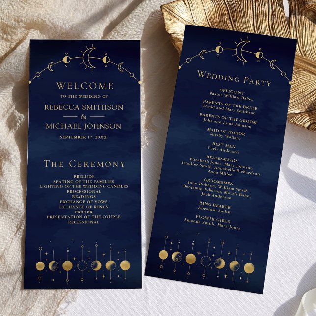 Himmelsblau Gold Halbmond Hochzeitsprogramm (Von Creator hochgeladen)