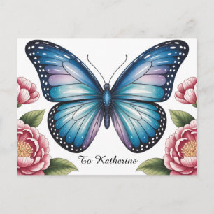 Himmelsblauer Schmetterling und rosa Pfingstrose m Postkarte