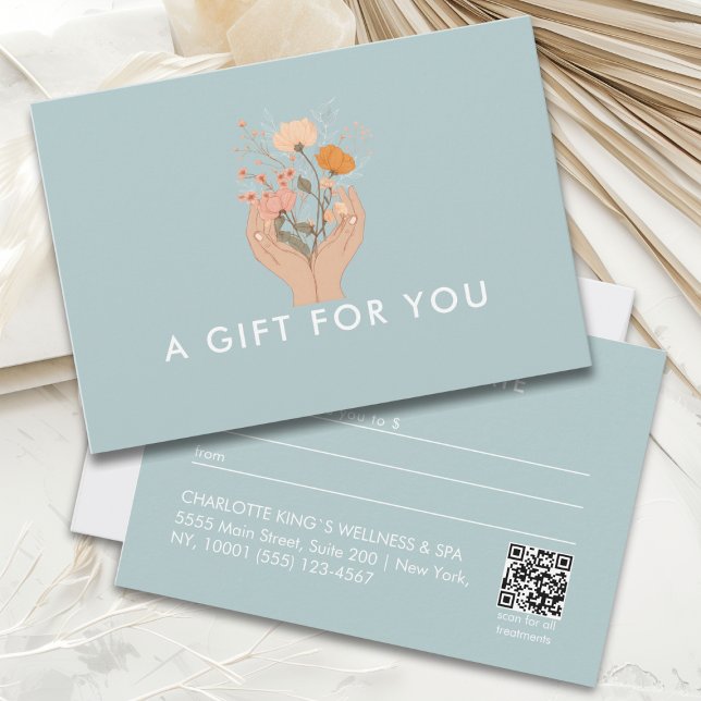 Himmelsblumen Friseursalon QR-Code-Geschenkgutsche (Celestial Floral Beige Brown Blue White Boho Salon Qr Code Business Gift Certificate)