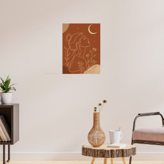 Himmelsboho-Frau-Linienkunst mit Mond und Sternen Poster
