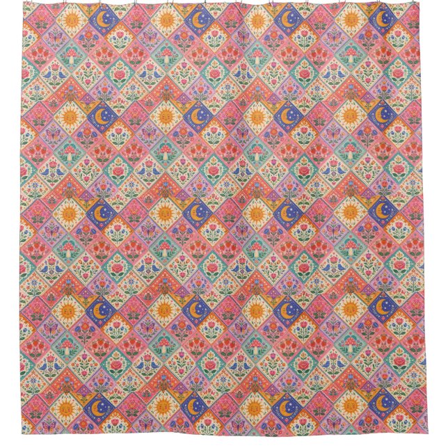 Himmelsfolklore-Patchwork-Duschvorhang – Laune Duschvorhang (Vorderseite)