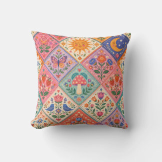 Himmelsfolklore-Patchwork-Pilz-Sonne-Mond-Wurf Kissen