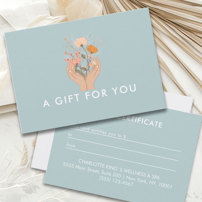Himmelsgarten Salon Geschäft Geschenkgutschein (Hands Holding Flowers, Boho, Watercolor Illustration Soft Blue Custom Business Gift Certificate. )
