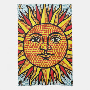 Himmelsgesicht im Pop-Art-Comic-Stil Sonnenstrahle Geschirrtuch