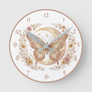 Himmelsgold-Schmetterling Vintage-Mond-Blumenmuste Runde Wanduhr
