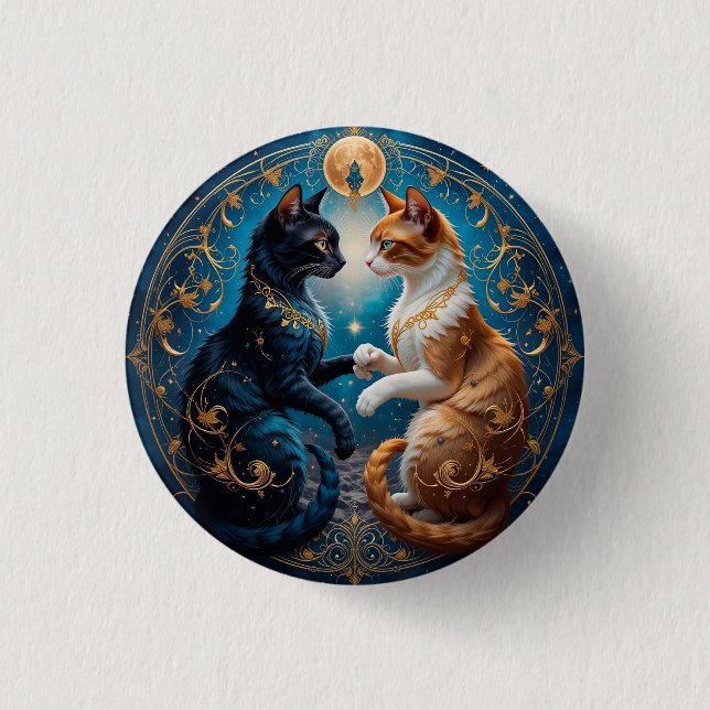 Himmelskatzen in kosmischer Kunst mit Gold und Bla Button (Vorderseite)