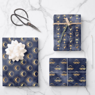 Himmelskies Dark Navy und Gold Wrapping Paper Geschenkpapier Set