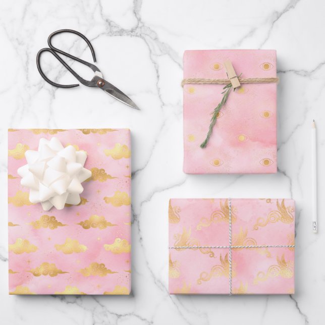 HimmelskiesPink und Gold Wrapping Paper Geschenkpapier Set (Vorderseite)