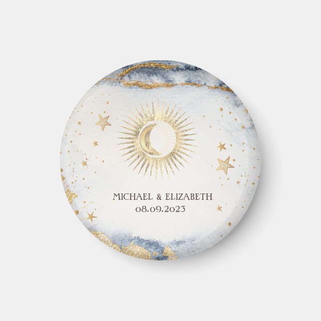 Himmelskörper Sonne, Mond, Sterne Aquarell Magnet (Vorne)