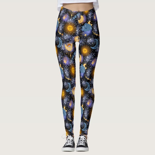 Himmelsmagisches Muster Mondsterne Sonnenstrahlen Leggings (Vorderseite)