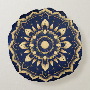 Himmelsmond-Mandala-Design   Navyblau & Gold S Rundes Kissen