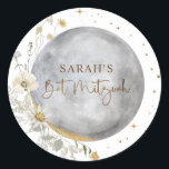 Himmelsmond, Silber, Weiß und Gold Bat Mitzvah Runder Aufkleber<br><div class="desc">Eleganter Gefallen und / oder Umschlag Aufkleber Bat Mitzvah Aufkleber mit schönem Aquarellmond und Sternen Design koordiniert unsere "Chic Celestial Silver, White and Gold Bat Mitzvah" Einladung. Das gleiche Design aus der Rückseite der Einladung. Dainty Stars, Bat Mitzvah Phrase und Eckmond Details in Imitate Goldfolie. Personalisieren Sie dieses Design mit...</div>