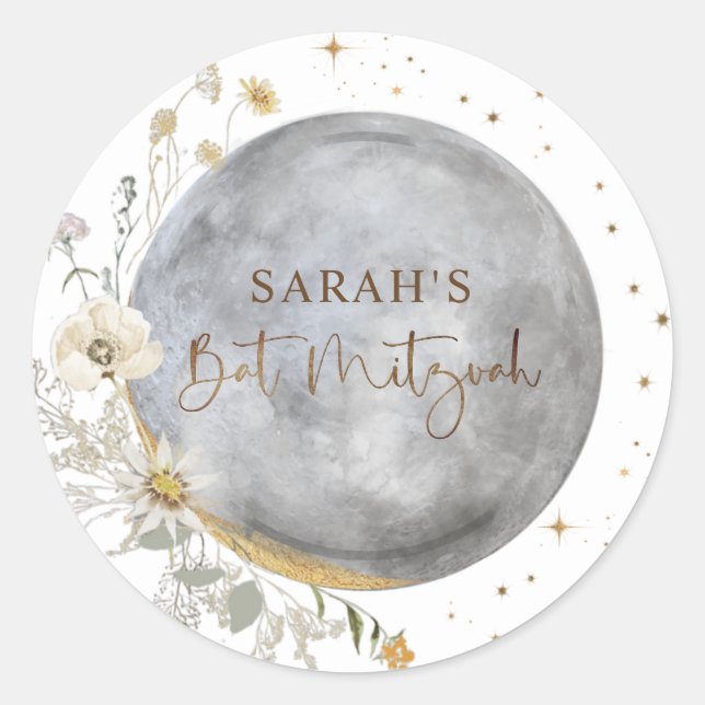 Himmelsmond, Silber, Weiß und Gold Bat Mitzvah Runder Aufkleber (Vorderseite)