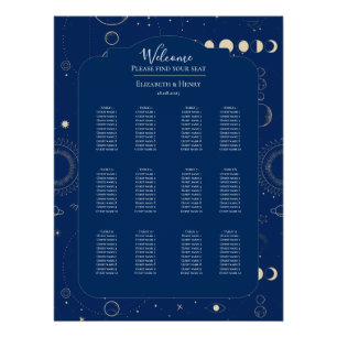 Himmelsmond Sonne Sterne Navy-Hochzeitsbestuhlungs Poster
