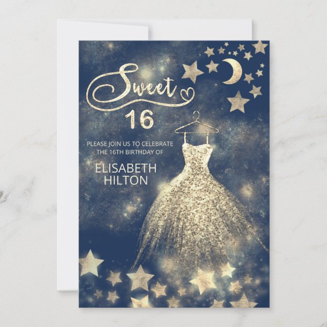 Himmelsmond und Sternenkalligraphie 16 . Geburtsta Einladung (Vorderseite)