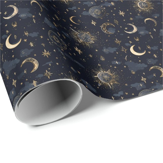 Himmelsmonde & Stars Wrapping Paper Gold/Navy Geschenkpapier (Rolleneckpunkt)