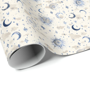 Himmelsmonde und Sternenwelkepapier Navy/Creme Geschenkpapier